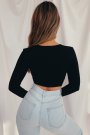 Kadın Siyah Bluz Bağcık Detaylı Göbek Dekolteli Uzun Kollu
