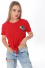 Kaktüs İşlemeli Önden Bağlamalı Kırmızı Kadın Tişört