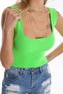 Kadın U Yaka Standart Beden Basic Yazlık Yeşil Triko Bluz